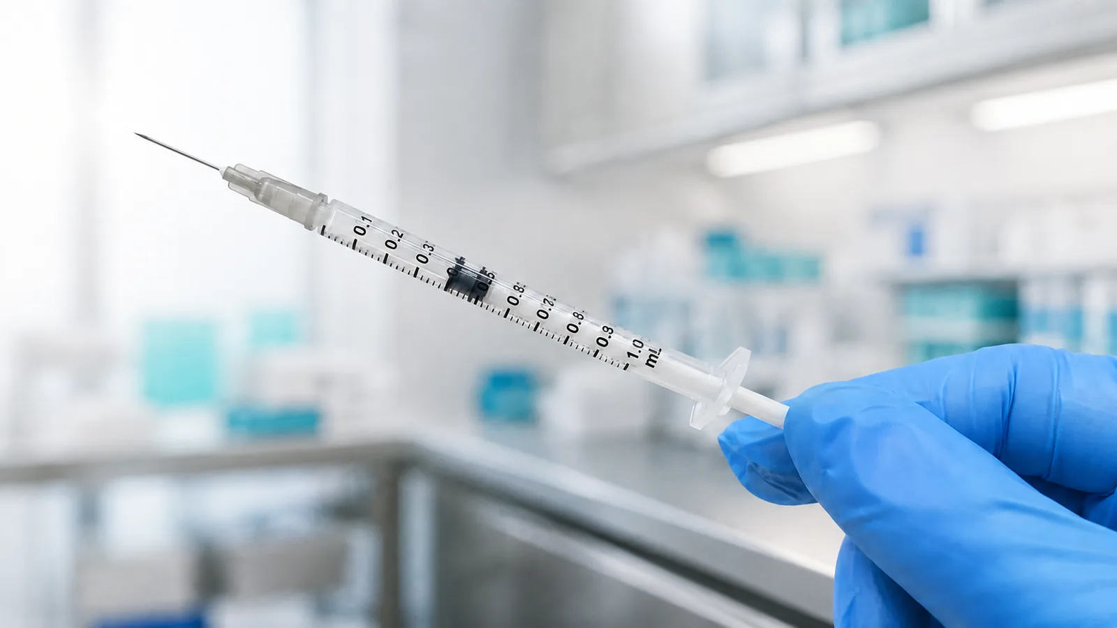 Blue-gloved healthcare hand holding a representative transparent Luer Slip syringe with a smooth push-fit needle hub