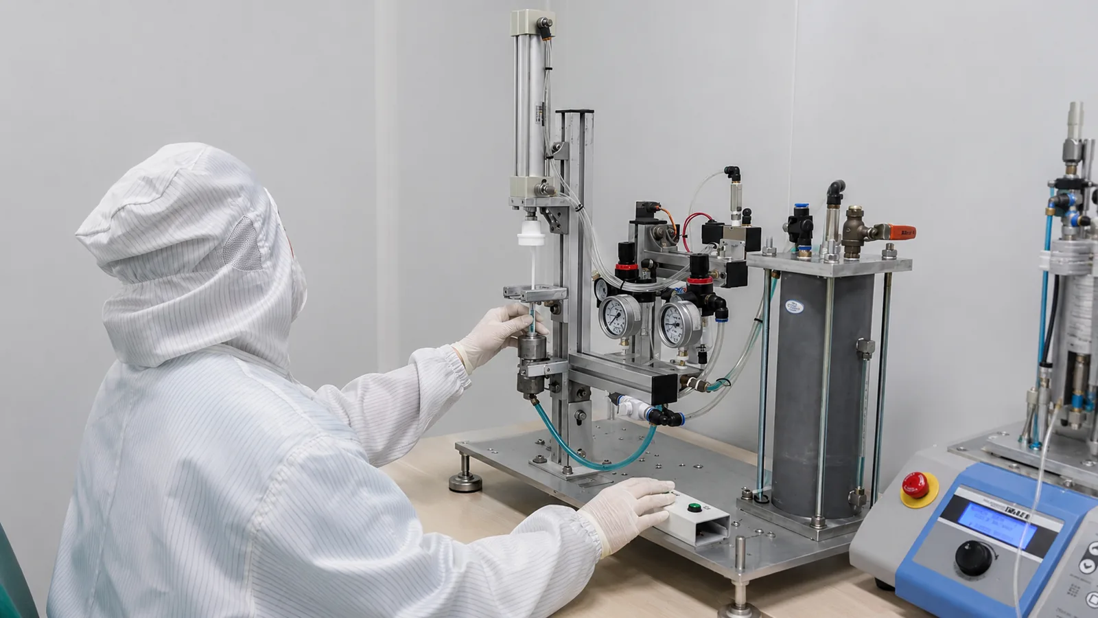 Representative quality technician inspecting a transparent syringe component in a controlled laboratory
